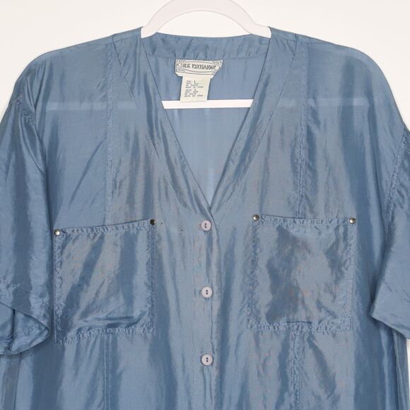 Silk Exchange Womens Button Up Blouse Size Large Blue 100% Silk Vintage - Picture 4 of 6